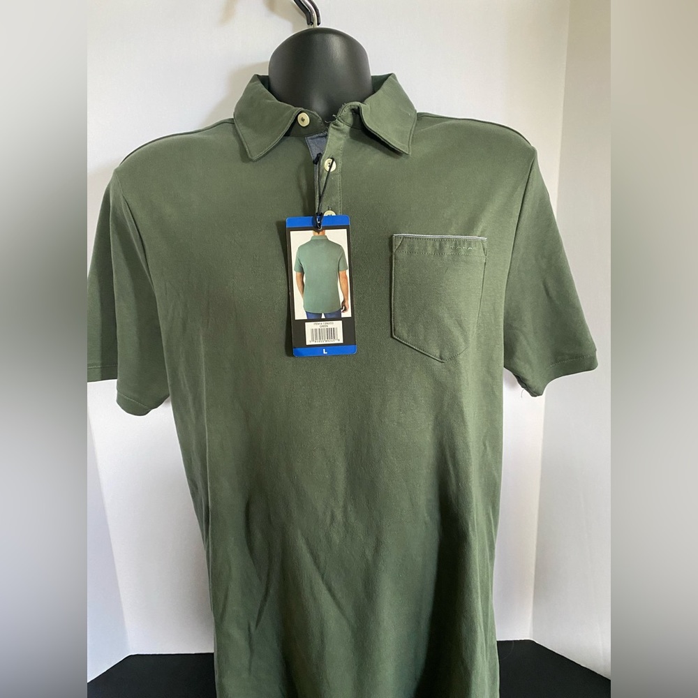 Tahari Men's Fine Cotton Interlock Short Sleeve Polo Shirt W/Pocket Green -L